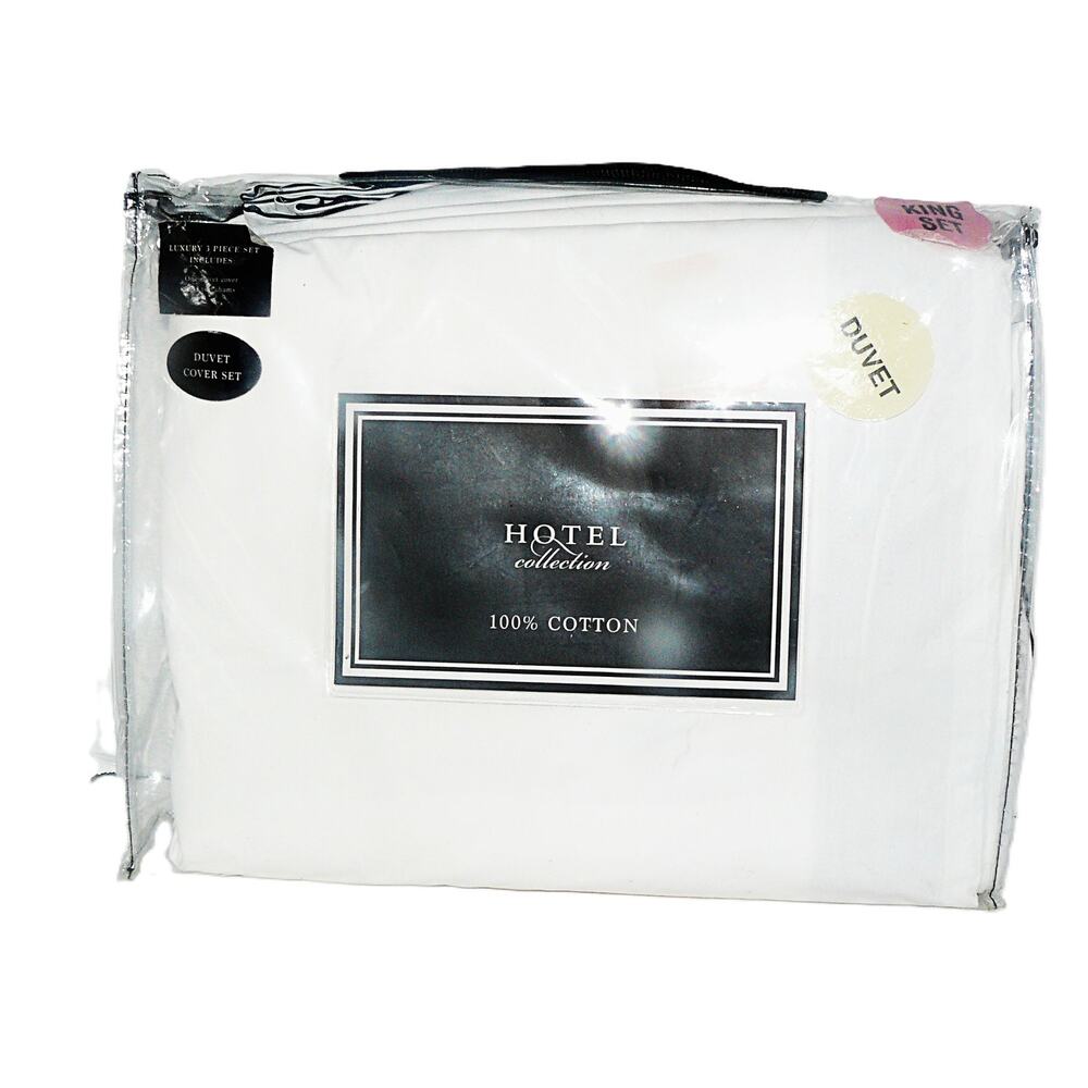 Hotel Collection King 3-Piece Duvet Cover 2 Shams 100% Cotton White Navy - Picture 2 of 2